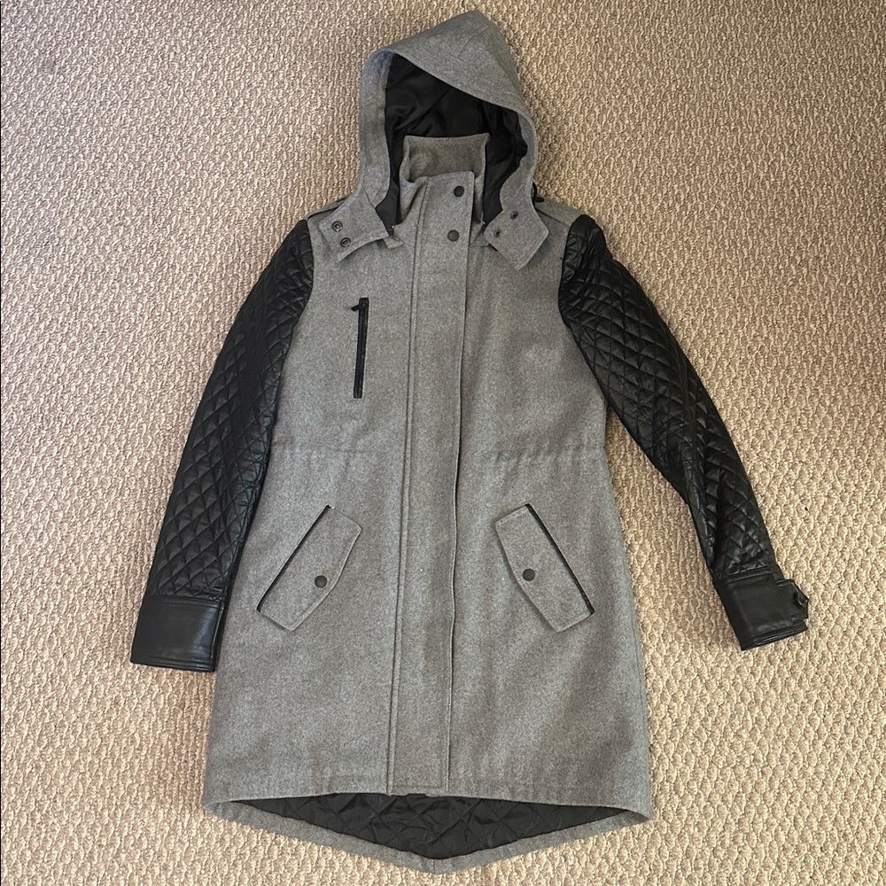 William Rast Wool Blend Coat with Faux Leather Sleeves Grey/Black Sz S